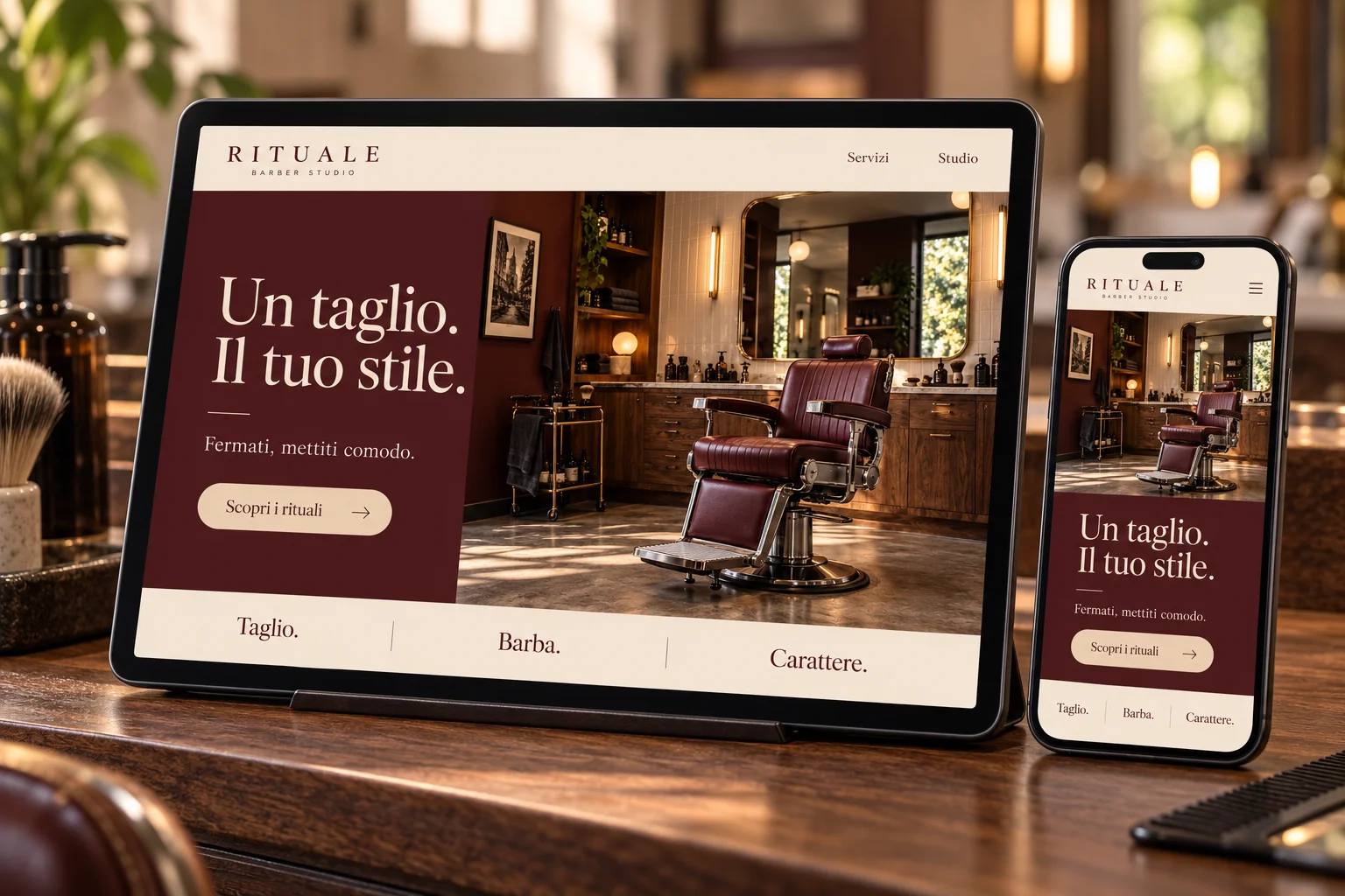Il concept Rituale su tablet e telefono, con il sito bordeaux e la fotografia dello studio barber