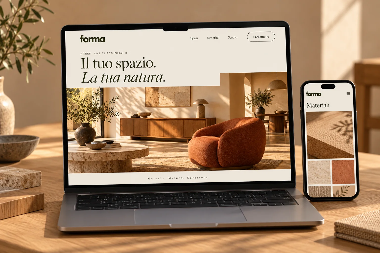 Il concept Forma su un portatile e uno smartphone: ambienti, materiali e identità coordinata