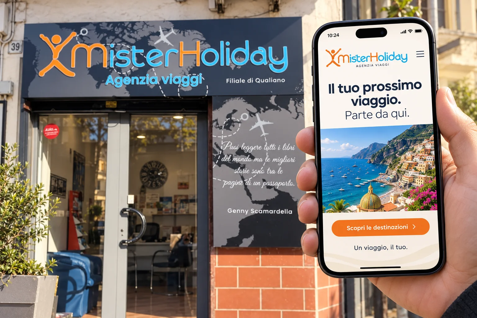 Simulazione fotografica di MisterHoliday: l’insegna arancione e azzurra riprende l’identità del sito dimostrativo sul telefono